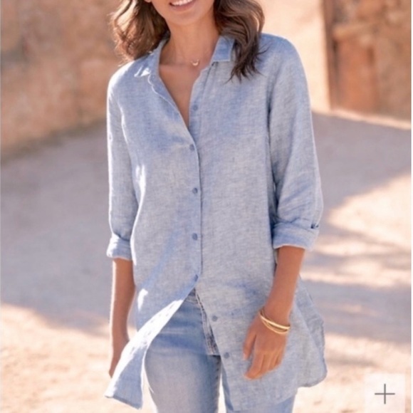 Tahari Tops - Tahari French blue 100% linen tunic shirt top split hem S Button -Up Top